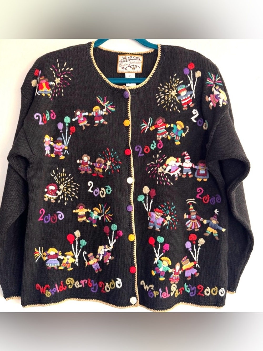 Vintage 1999 Heirloom Collectibles World Party 2000 Cardigan Sweater Y2K‎ Size L